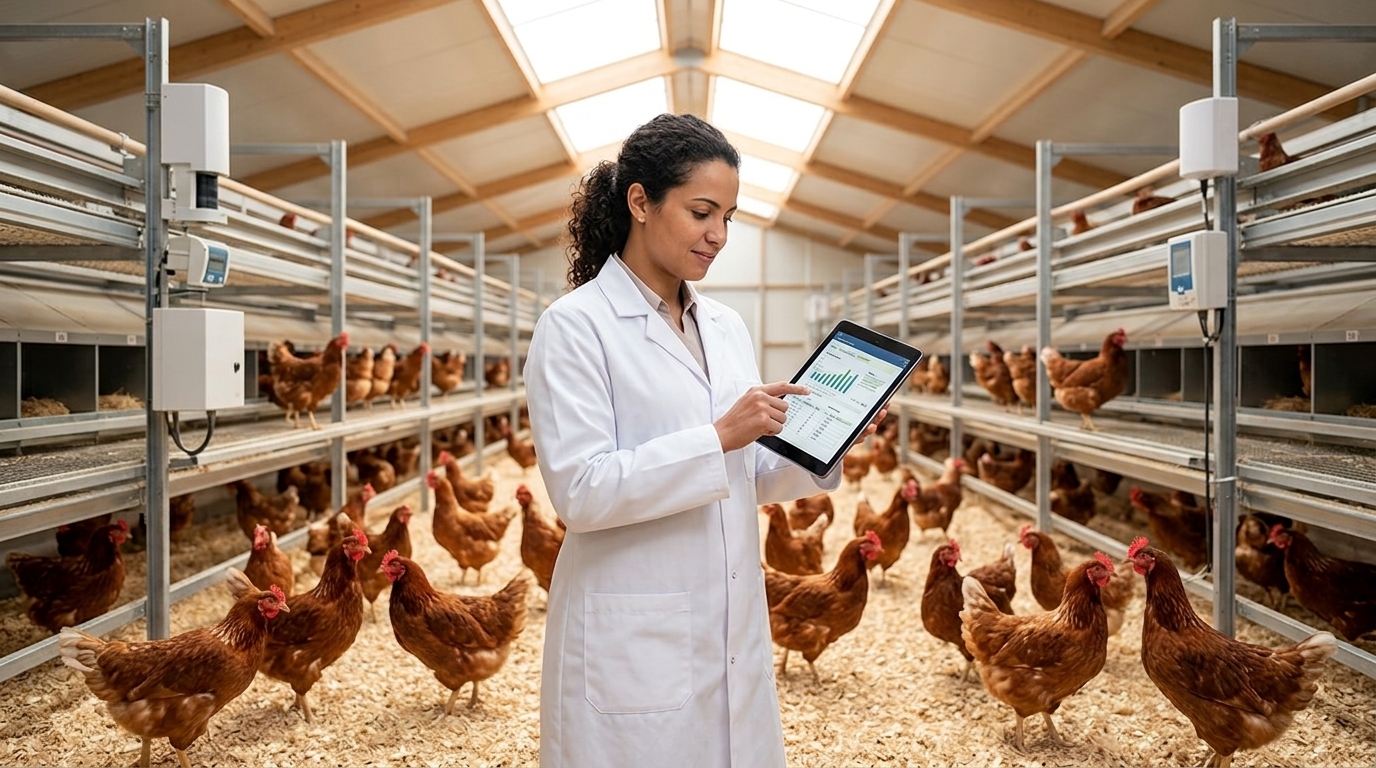 Pesquisadora com tablet acompanha poedeiras em aviário experimental cage free