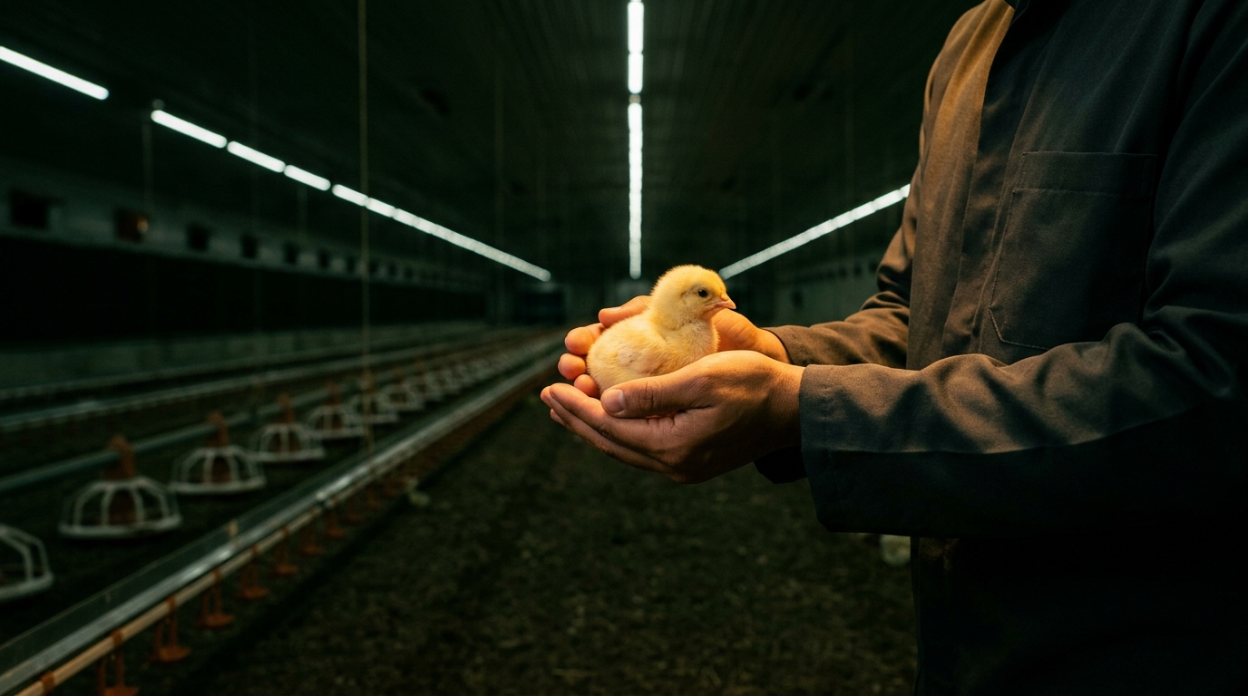 Mãos seguram um pintinho recém-alojado em um aviário moderno